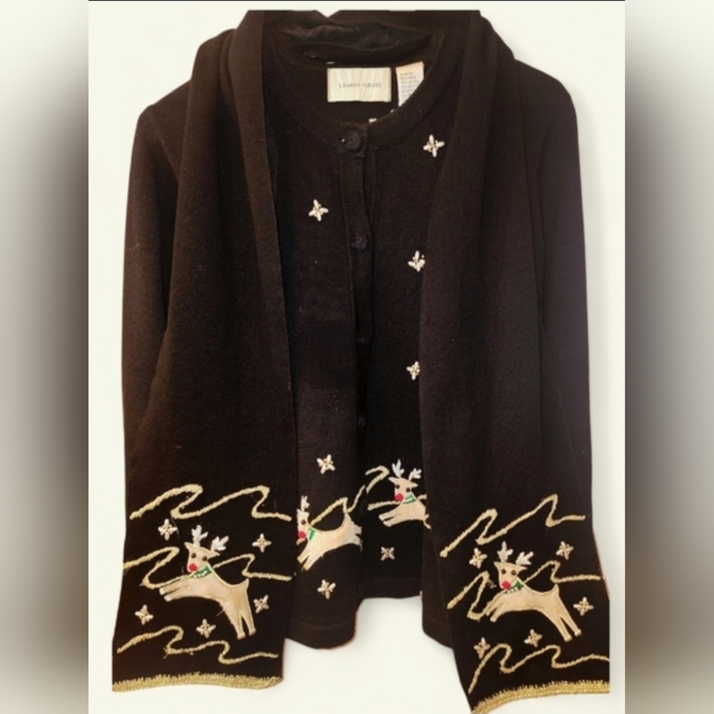 Vintage Lemon Grass "Rudolph" reindeer Cardigan Small Black Detach Scarf - Picture 16 of 16